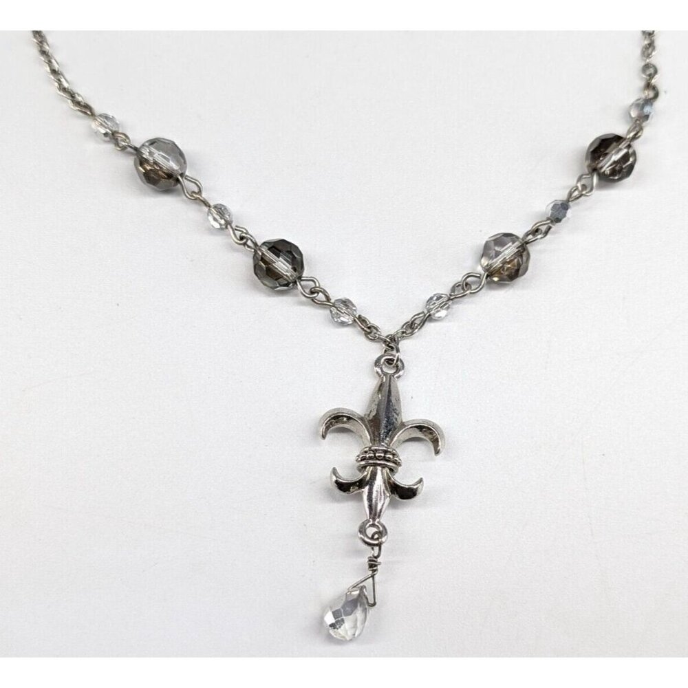 Cookie Lee Flur De Lis Silver Tone Pendant Smoky Grey Beaded Necklace 18"